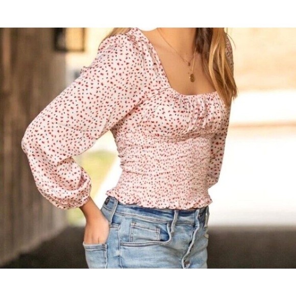 Princess Polly Tops - Princess Polly Size 2 Top Blouse Long Sleeves Smocked Waist Square Neck Pink Red